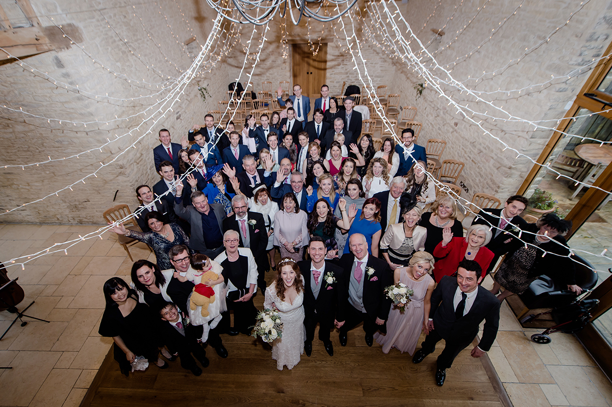 Kingscote Barn indoor group shot from the mezzanine